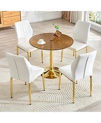 Flynama 5-Piece Ring Glass Round Dining Set, Gold Frame Table and 4 Pu Shell Chairs