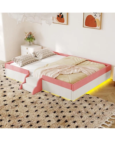 Streamdale Furniture Full Size Upholstered Floor Bed with Fence, Steps and Led Lights