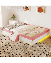 Streamdale Furniture Full Size Upholstered Floor Bed with Fence, Steps and Led Lights