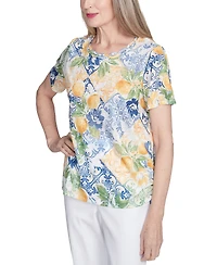 Alfred Dunner Women's Petite Knotted Ruched-Side Crewneck T-Shirt