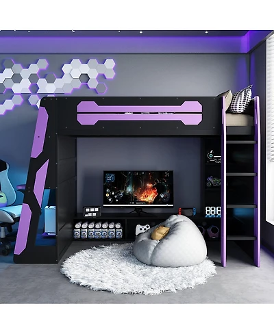 Streamdale Furniture Twin Size Wood Loft Bed with Desk, Multi-storage Shelves and Rgb Light