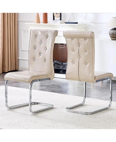 Flynama Set of 2 Retro Alligator Skin Pvc Dining Chairs, Crystal Buckle Chairs with Electroplated Metal Bow Legs