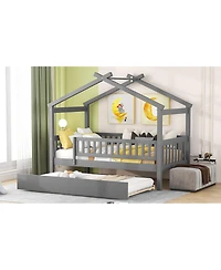 Streamdale Furniture Twin Size Wooden House Bed with Twin Size Trundle