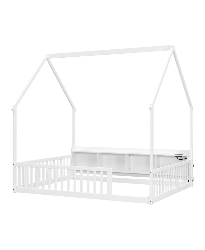Streamdale Furniture Full House Floor Bed with Storage, Led Lights and Charging Station