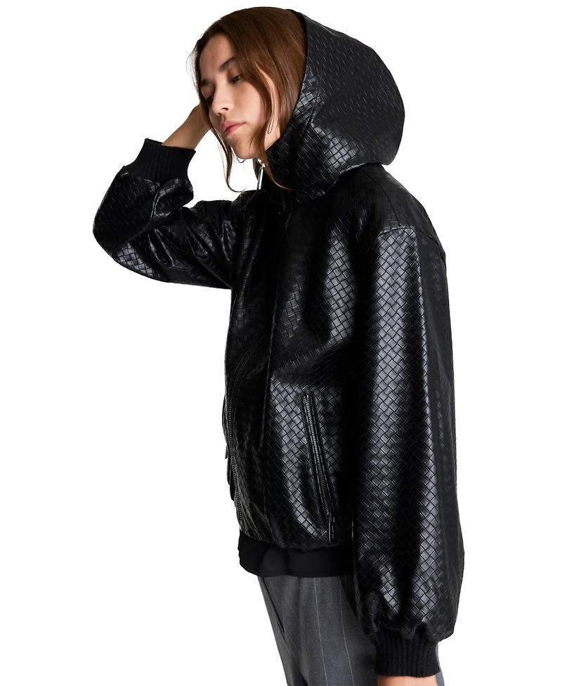 Kenneth Cole Women's Hooded Faux-Leather Basketweave Bomber Jacket