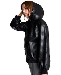 Kenneth Cole Women's Hooded Faux-Leather Basketweave Bomber Jacket