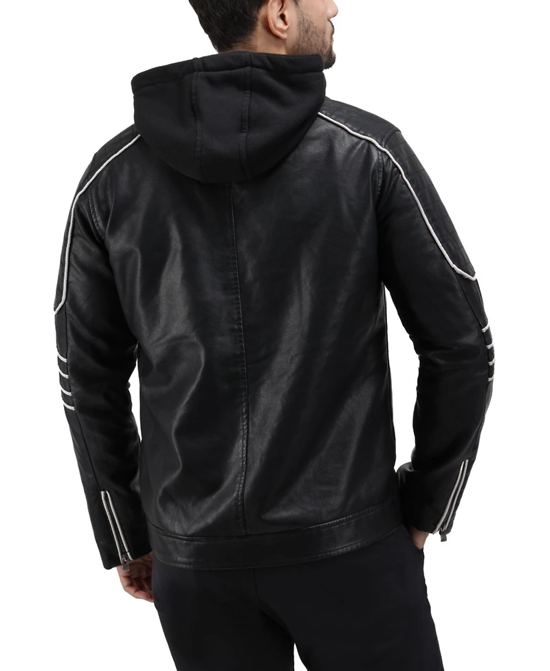 X-Ray Men's Grainy Polyurethane Moto Jacket with Hood and Faux Shearling Lining