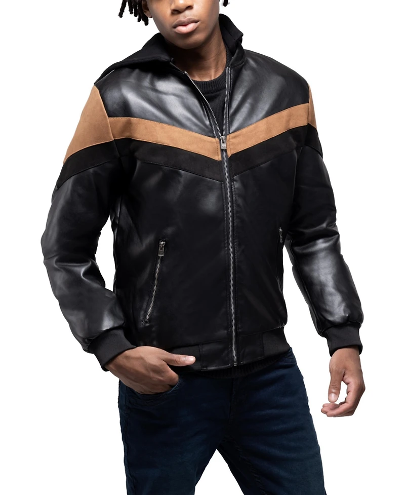 X-Ray Men's Shiny Polyurethane and Faux Suede Detailing with Shearling Lining Hooded Jacket