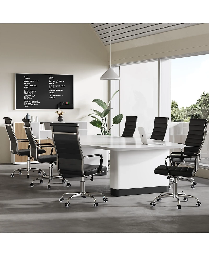 Swivel Home Office Chair, Adjustable Height Ergonomic Executive Computer Chair, Ribbed Pu Leather Conference Room Chair with Arms, Black