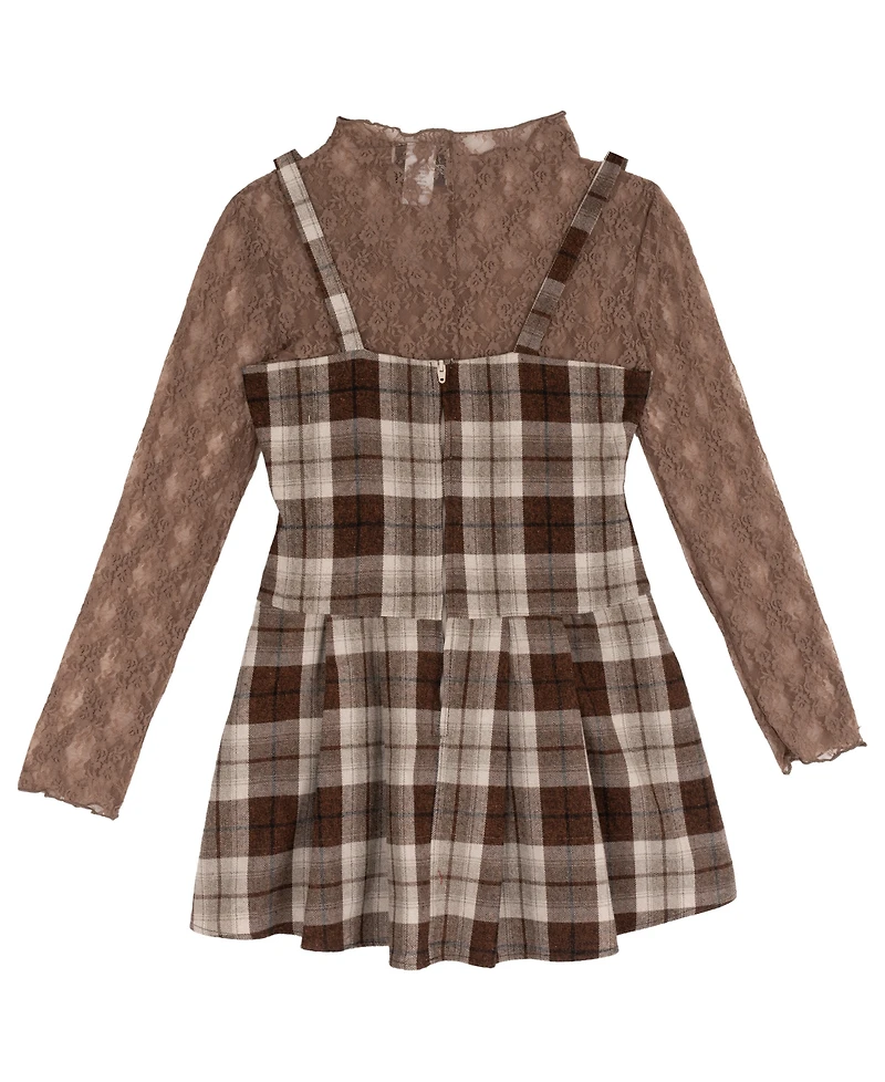Rare Editions Girls' 7-16 Rhinestone Plaid Jumper and Lace Top, 2-Piece Set