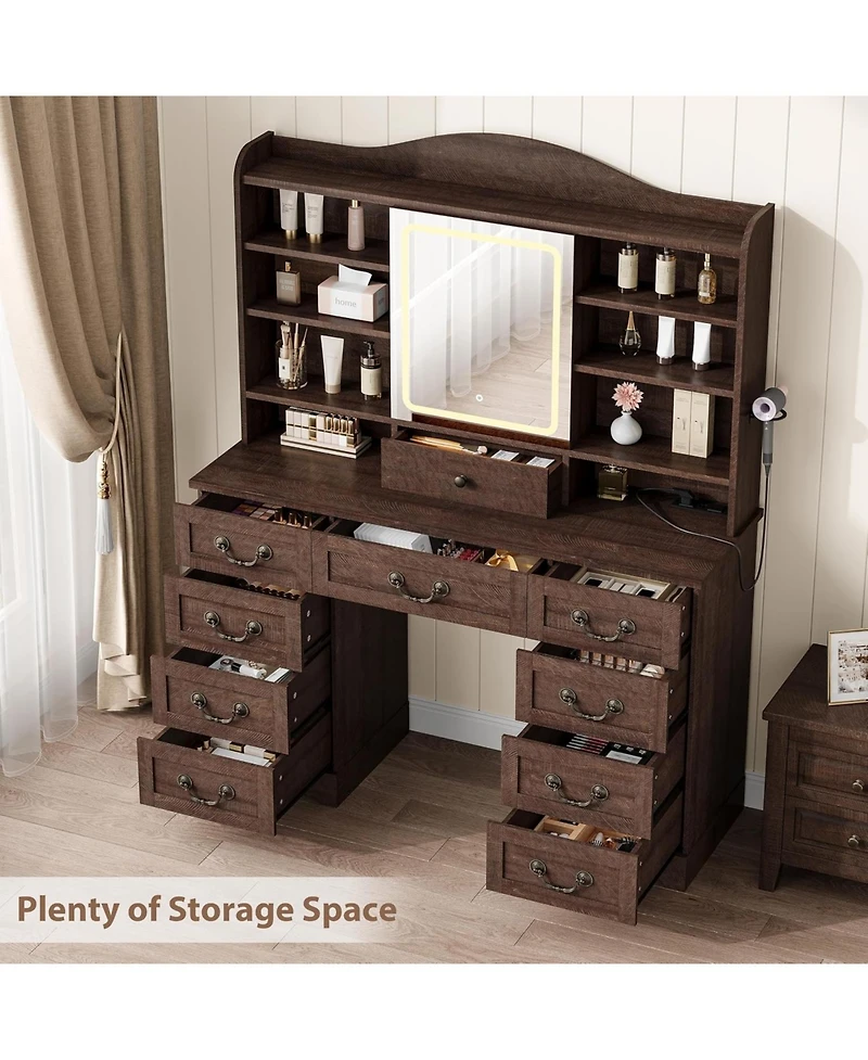 47.2" Makeup Vanity Desk with Lighted Mirror, Stool, 10 Drawers and Charging Station,Dark Brown