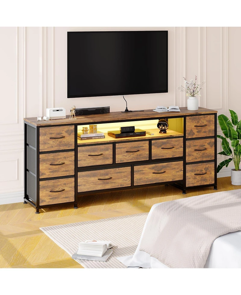 63" 11-Drawer Dresser and Tv Stand with Power Outlets and Led Lights, Entertainment Center