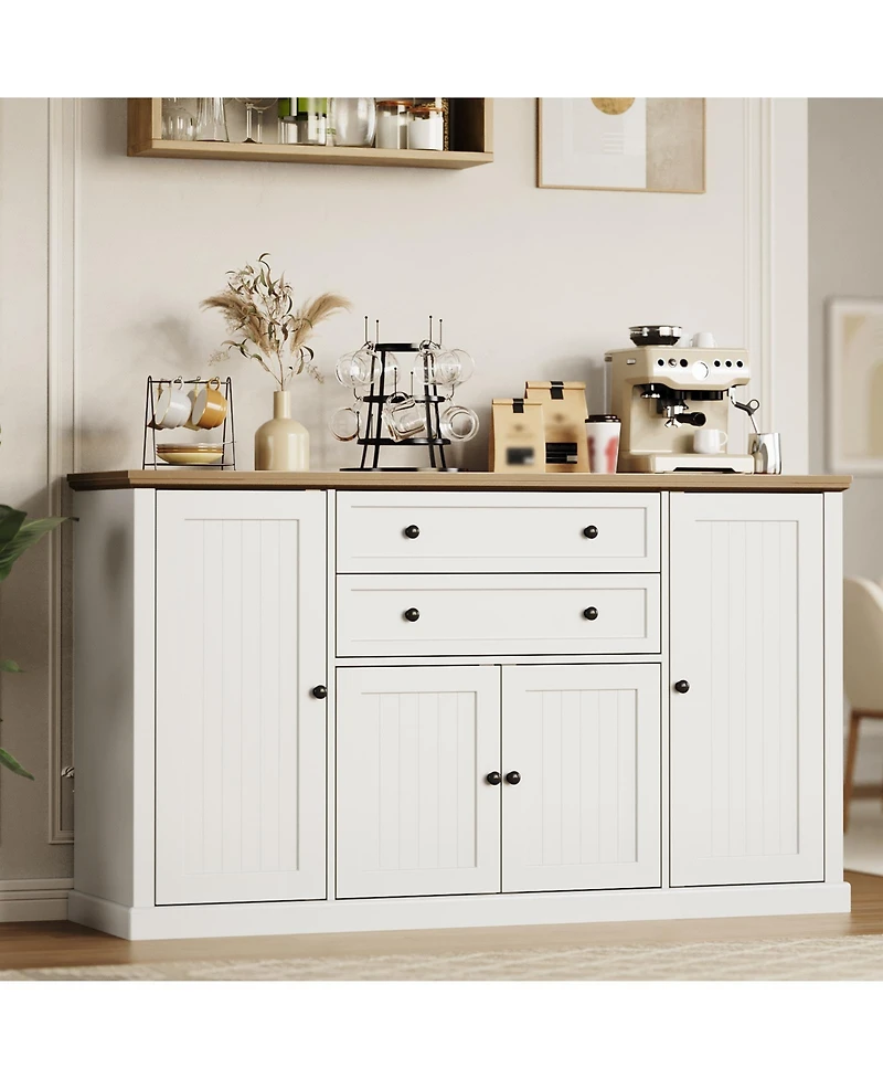 58" Farmhouse Sideboard Buffet Cabinet with 2 Drawers and 4 Barn Doors, Coffee Bar Console