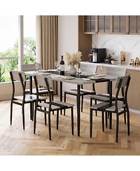 Dining Table Set for 6, 7-Piece Kitchen Set with Metal Frame and Mdf Board, Two-Tone Splicing Desktop, for Apartment, Kitchen, Dining Room