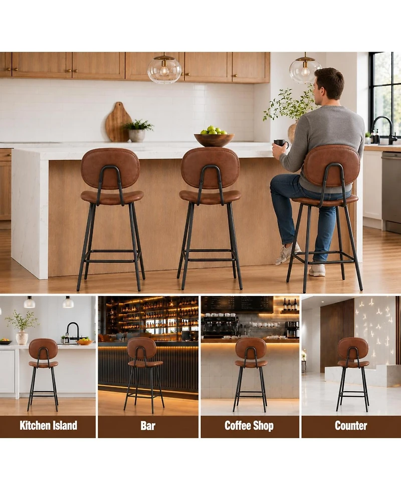 Set of 2 Bar Stools 43" Counter Height Faux Leather High Backrest with Metal Legs and Footrest for Kitchen Island Bar Dining Room Dark Brown
