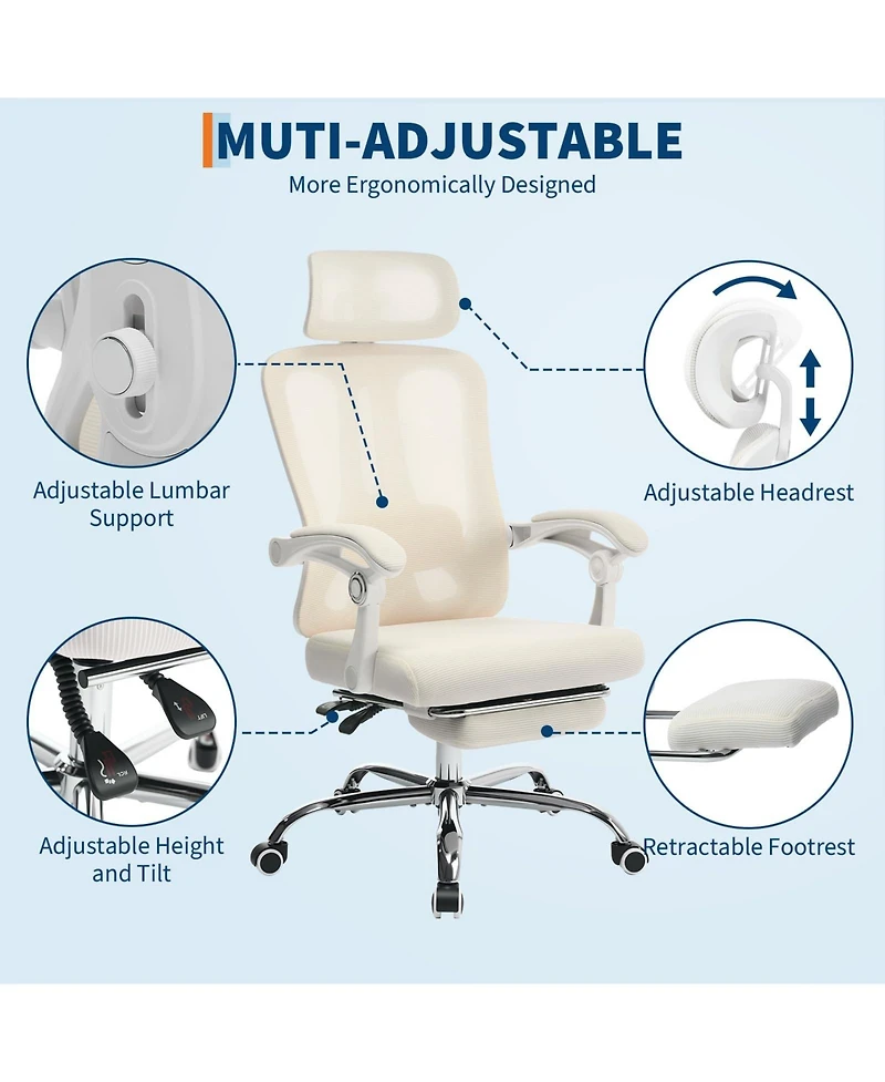 Office Chair Ergonomic High Back Mesh with Adjustable Headrest Lumbar Support Retractable Footrest 350 lbs Capacity Swivel Desk Chair for Home Office