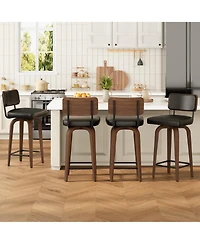 Set of 4 Bar Stools 26" Counter Height Swivel Faux Leather Upholstered with Backrest and Walnut Wood Legs Mid Century for Kitchen Island Home Bar