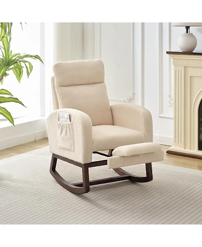 Nursery Glider Rocking Chair with Adjustable High Back, Side Pocket, Footrest, Stuffed Animal Upholstered Nursing Rocker with Wood Base for Nursery