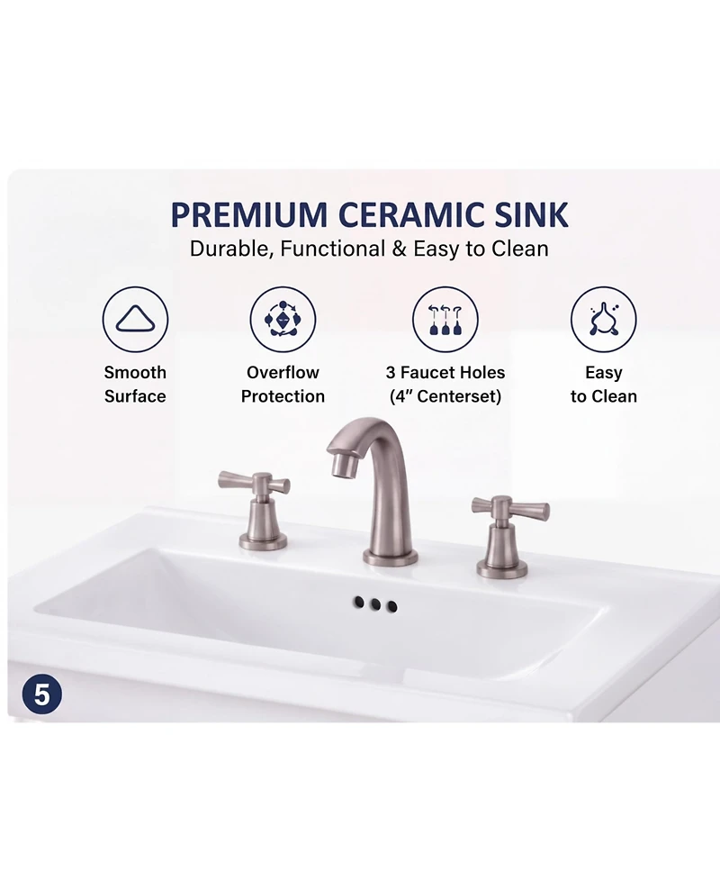Wall Mounted Vanity with Sink 24 Inch Wood Fluted 2 Door Bathroom Cabinet 4" 3 Hole Ceramic Sink for Small Modern Bathroom