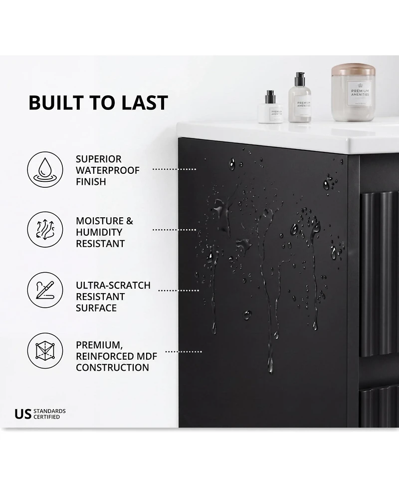 Wall Mounted Vanity with Sink 24 Inch Wood Fluted 2 Door Bathroom Cabinet 8" 3 Hole Ceramic Sink for Small Modern Bathroom