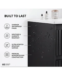 Wall Mounted Vanity with Sink 24 Inch Wood Fluted 2 Door Bathroom Cabinet 8" 3 Hole Ceramic Sink for Small Modern Bathroom