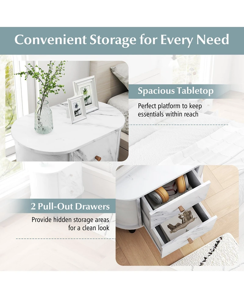 Gymax 2-Pieces Nightstand with 2 Drawers Faux Marble Bedside Table for Small Space