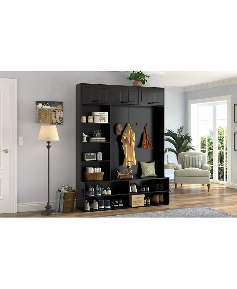 Streamdale Furniture 76.9" Farmhouse Hall Tree with Bench, Shoe Storage and 4 Hooks