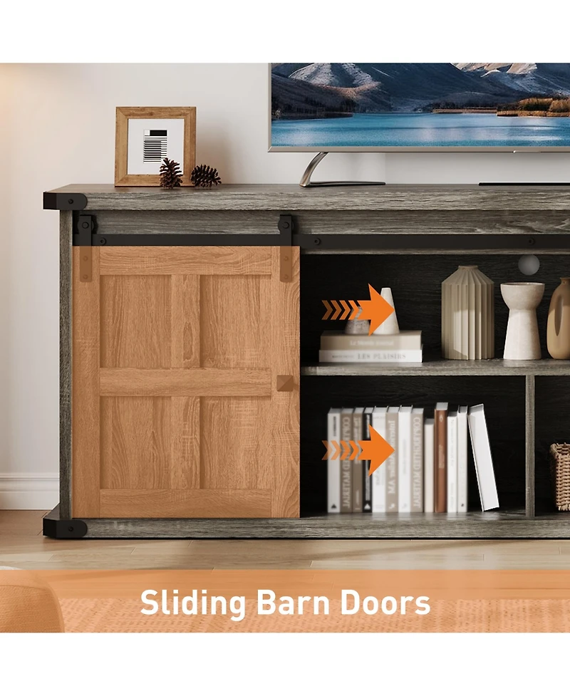 Farmhouse Tv Stand for TVs up to 75 Inch, Entertainment Center with Sliding Barn Doors, Storage Cabinets, Cable Management Hole, Media Console Table