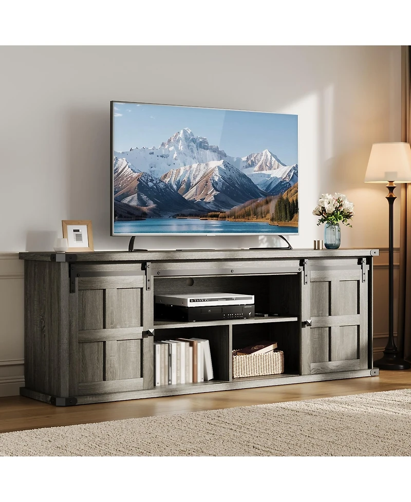 Farmhouse Tv Stand for TVs up to 75 Inch, Entertainment Center with Sliding Barn Doors, Storage Cabinets, Cable Management Hole, Media Console Table