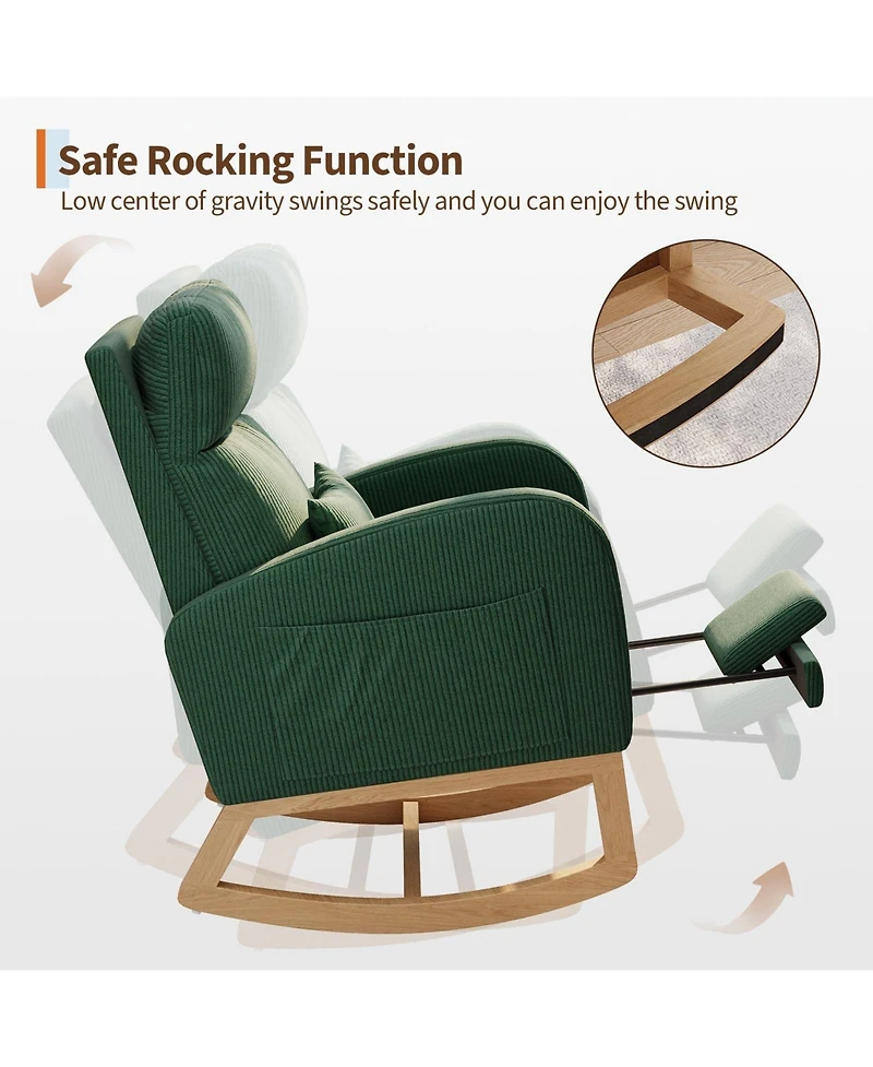 Rocking Chair with Footrest Corduroy Upholstered Glider with Side Pocket and Pillow Ergonomic for Bedroom Living Room Nursing Room Light Brown