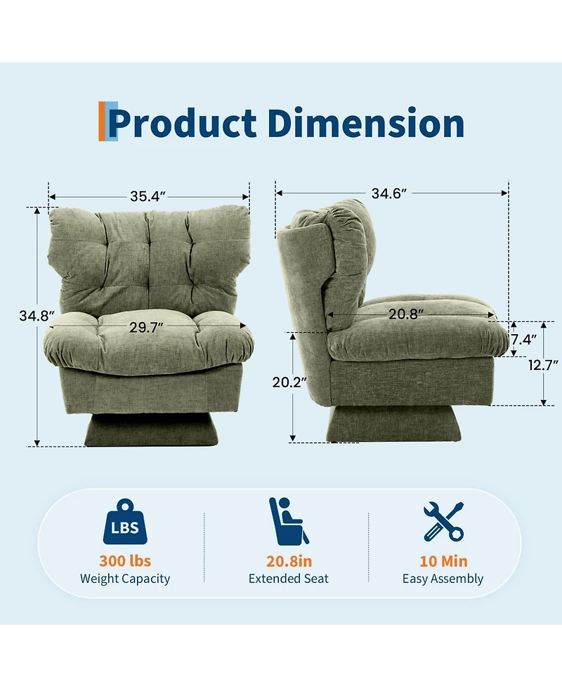 2 Set of Swivel Accent Chair, Modern Chenille Sofa Chair 360 degrees) Rotation, Oversize Base 30" Wide Seat, Supports 300 Lbs, Cozy Living Room