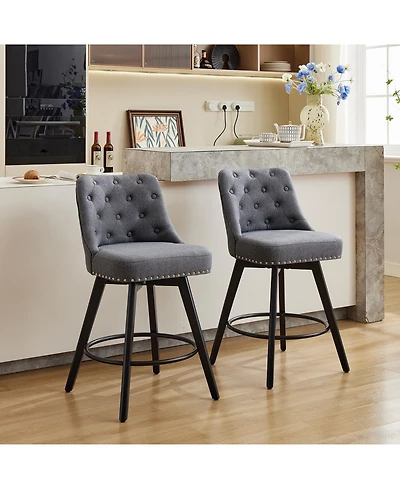 Modern Bar Stool Set of 2, 360 degrees) Swivel Counter Stool, Linen Upholstered Stool with Button Tufted Back, Footrest, Wooden Chair Set for Kitchen