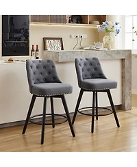 Modern Bar Stool Set of 2, 360 degrees) Swivel Counter Stool, Linen Upholstered Stool with Button Tufted Back, Footrest, Wooden Chair Set for Kitchen