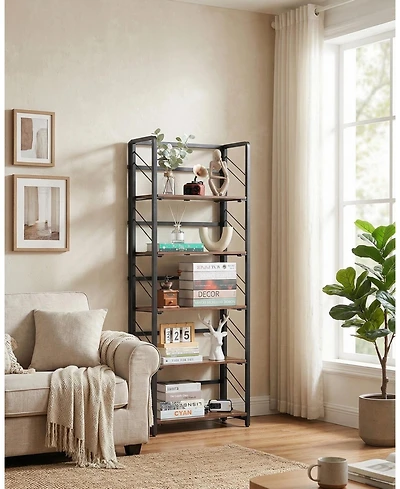 No-Assembly 5-Tier Folding Bookshelf, Vintage Wood and Metal Bookcase for Home Office,Brown,Natural