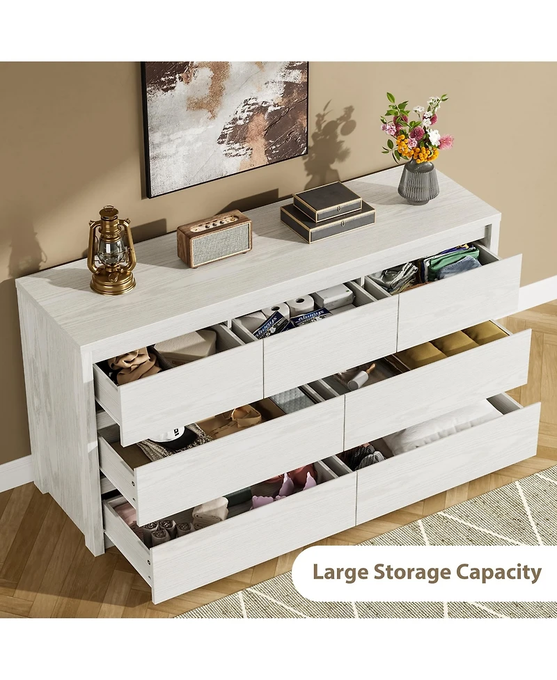 53 x 16 x 32 in 7 Drawer Dresser, Mid-Century Modern Handleless Chest of Drawers, Engineered Wood Storage Organizer for Bedroom, Embossed,White/Black