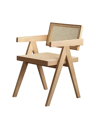 Flynama Modern Mid Century Rattan Accent Dining Chair with Armrests, Wood Finish for Living Room and Dining Room