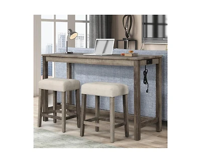 Flynama 3-Piece Antique Oak Counter Height Dining Set, Solid Wood Table with Outlet and 2 Tufted Linen Stools