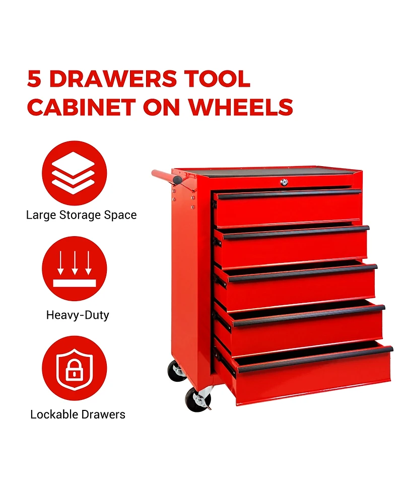 Streamdale Furniture Rolling Metal 5-Drawer Tool Chest Cabinet with Ball Bearings