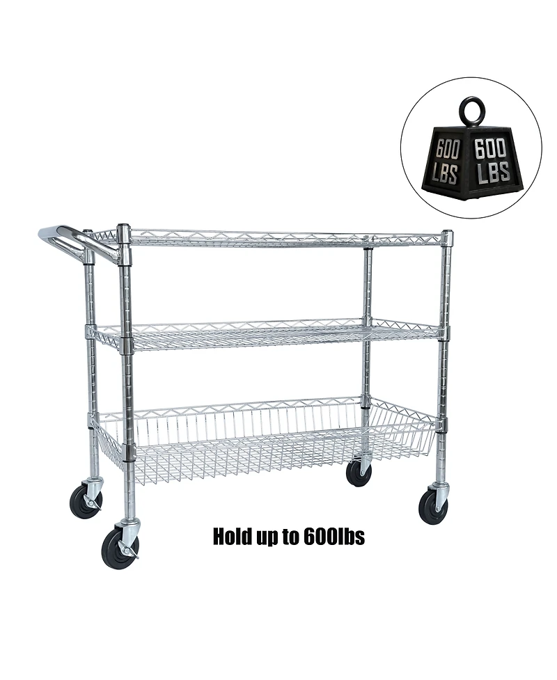 Streamdale Furniture 3-Tier Heavy Duty Rolling Utility Cart with Handle and Shelf Liners