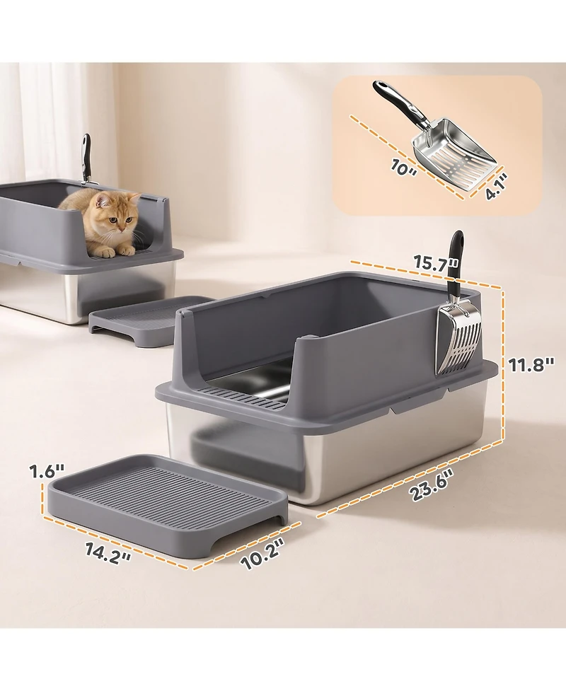 PawHut 2 Pack Xl Stainless Steel Litter Box with Tracking Step and Scoops