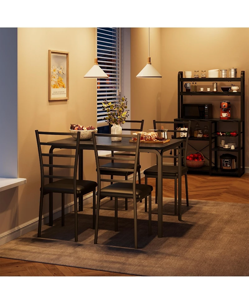 homfan 5-Piece Dining Glass Table wiht 4 Pu Leather Chairs Space-Saving Metal Frame