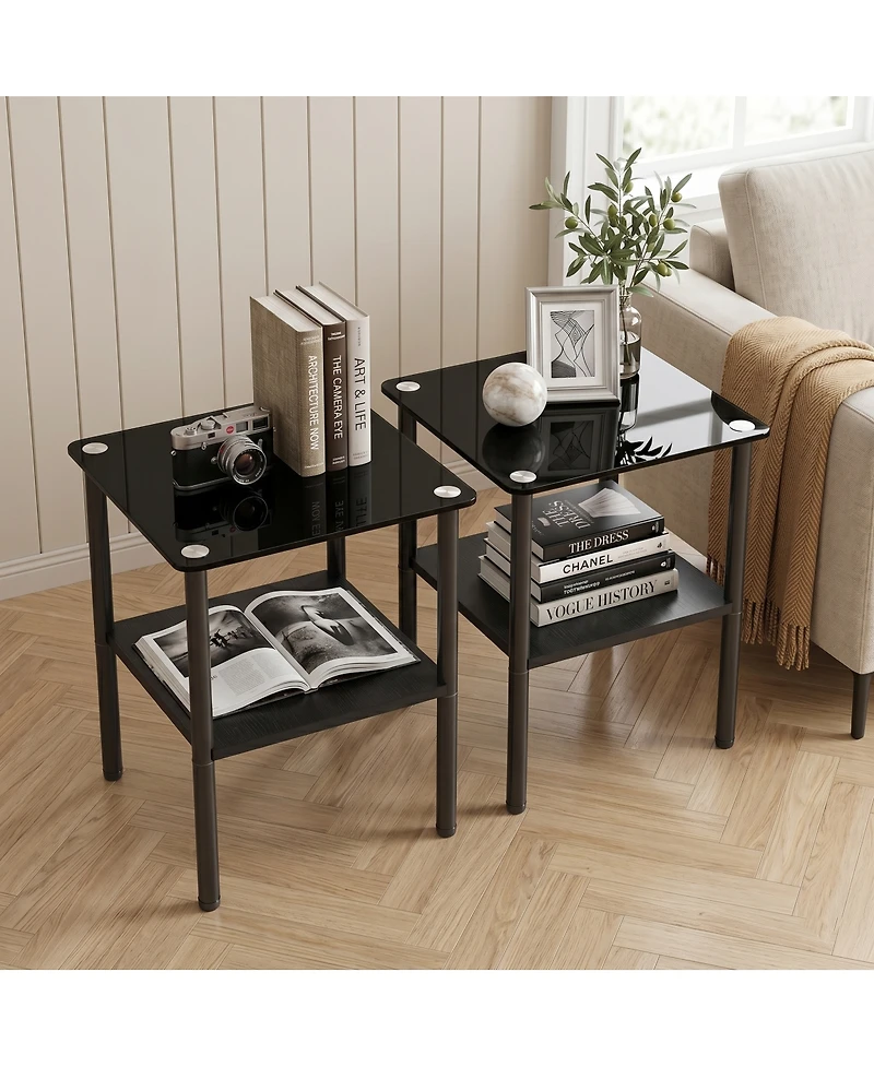 Streamdale Furniture 2-Piece Modern Glass and Metal Side Table with Storage Shelf