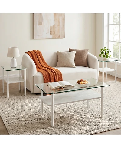 Streamdale Furniture Modern Glass Coffee Table and End Tables Set of 3 with Wooden Shelf