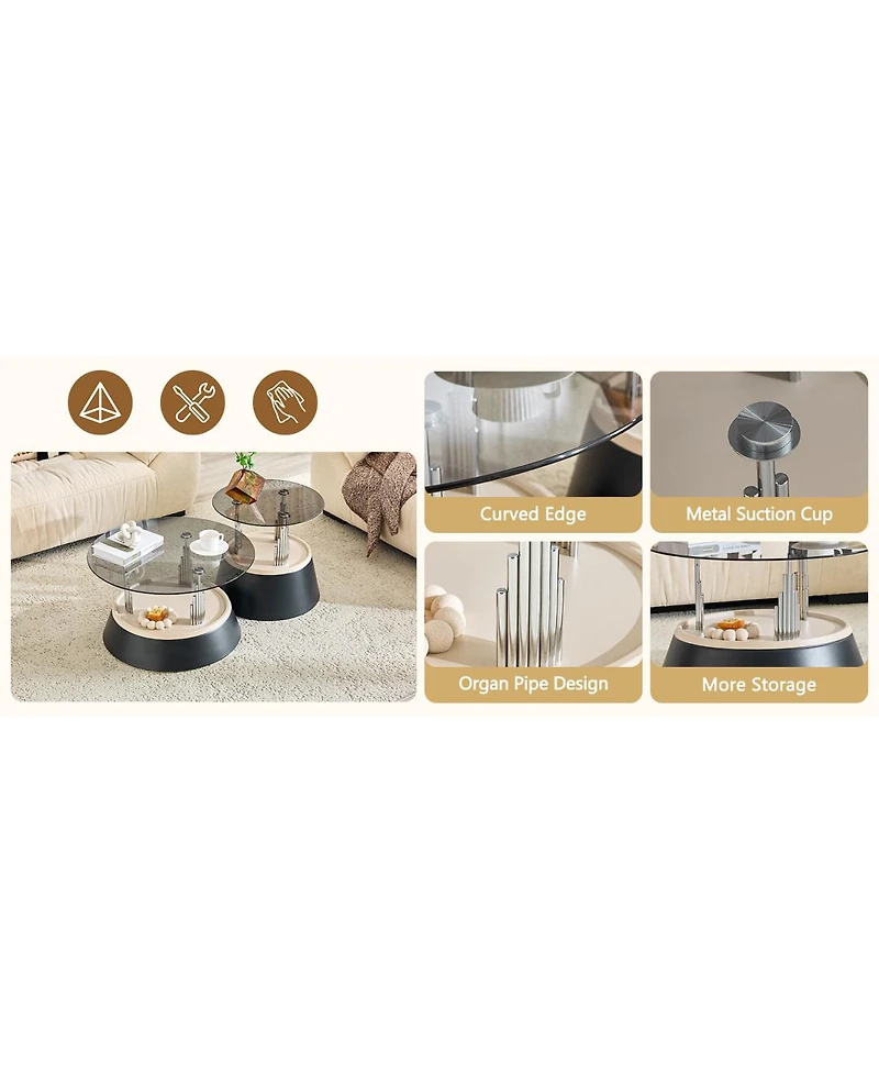 Streamdale Furniture Glass Round Nesting Coffee Table Set - 2 Piece