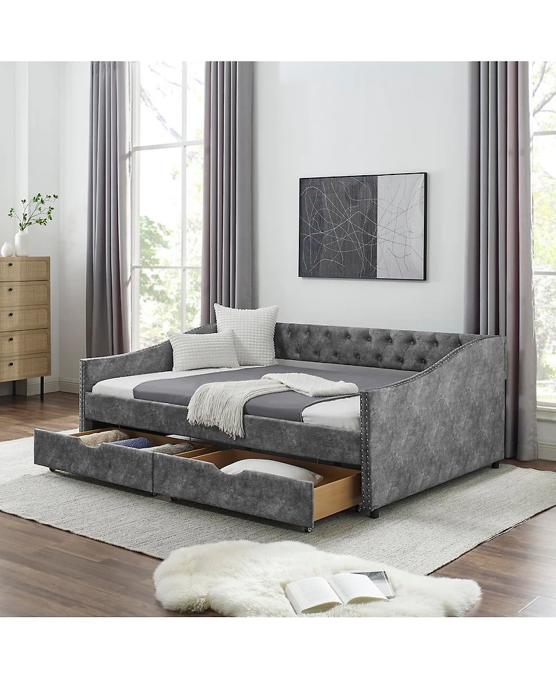 Streamdale Furniture Full Size Upholstered Tufted Daybed with Storage Drawers