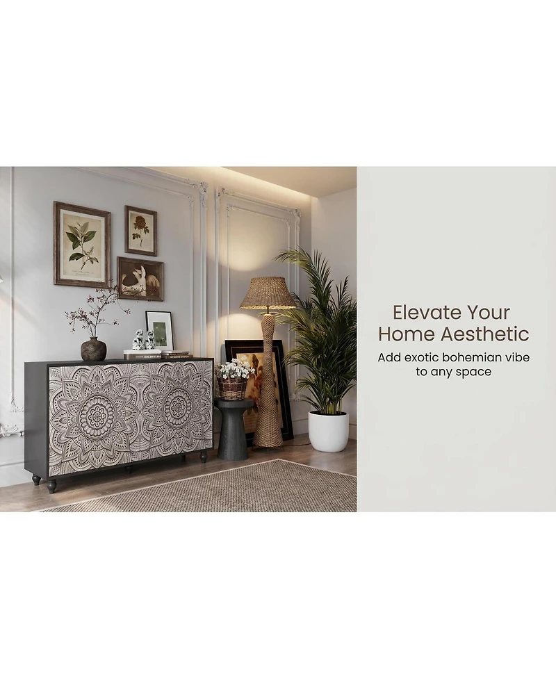 Streamdale Furniture 60" Boho Mandala 3D Embossed 4-Door Sideboard Credenza