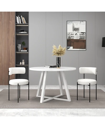 Flynama 3-Piece Round Dining Set, Trestle Base Table and 2 Boucle Fabric Chairs