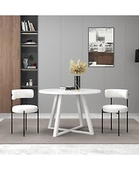 Flynama 3-Piece Round Dining Set, Trestle Base Table and 2 Boucle Fabric Chairs
