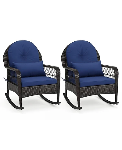 Gymax 2 Piece Outdoor Wicker Rocking Chair 400 Lbs Rattan Rocker Chair with Thick Cushions