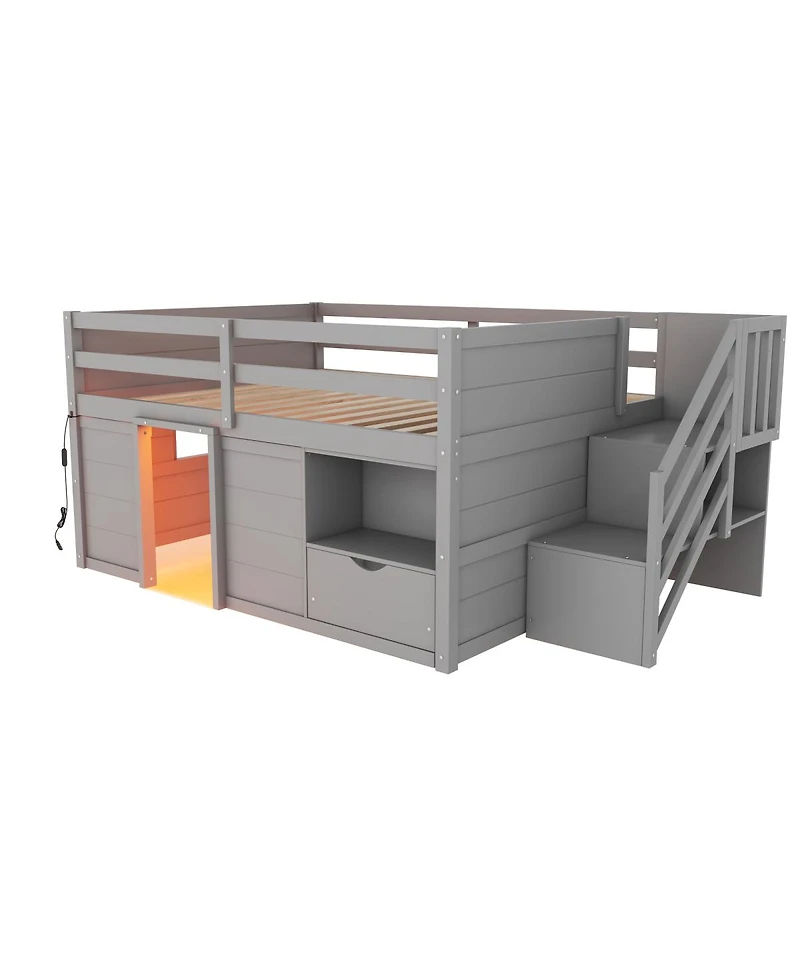 Streamdale Furniture Full Size Wood Low Loft Bed with Stairs, Storage and Led Lights